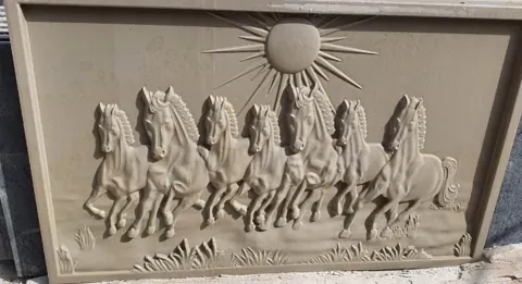Galloping Horses with Rising Sun Stone Mural — OS-SM-079