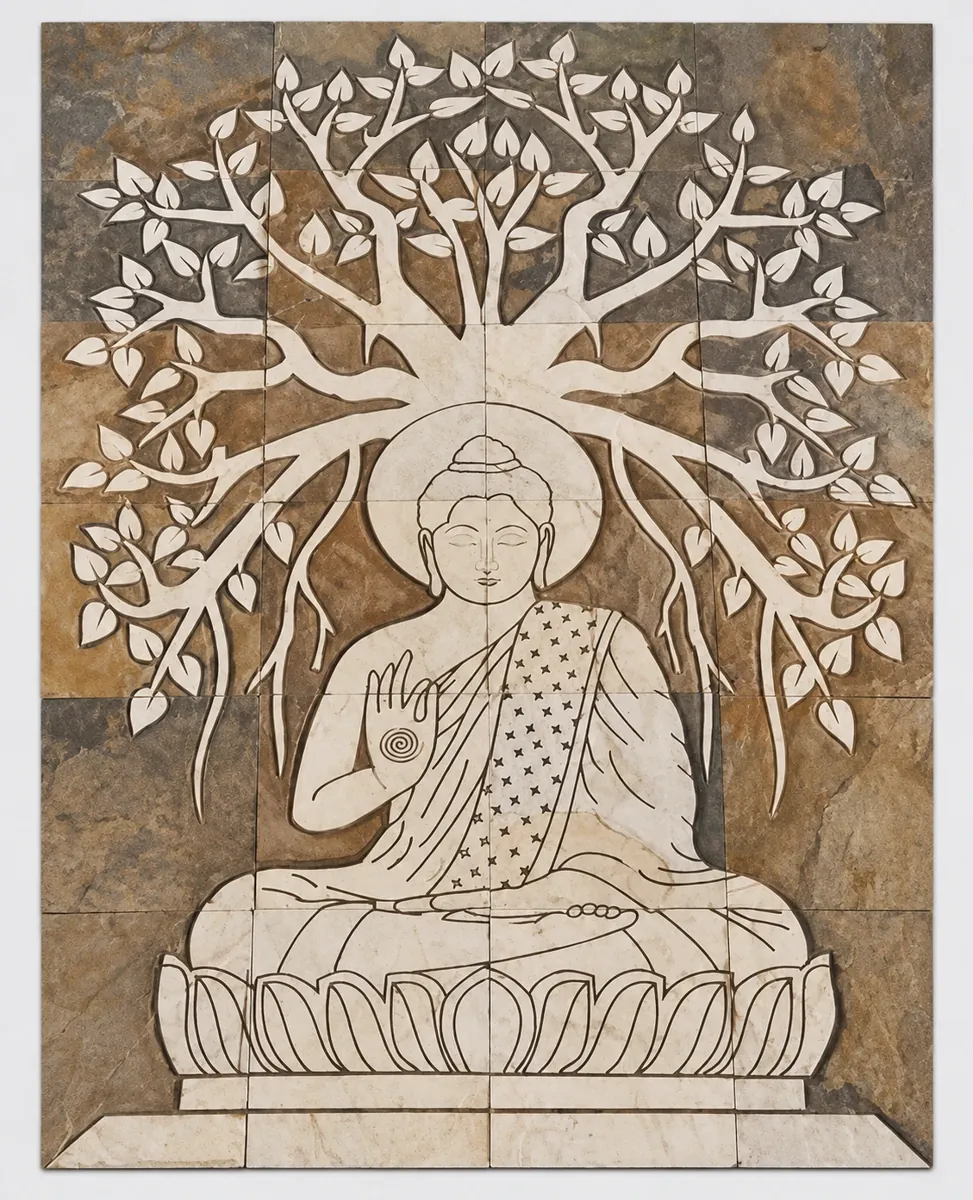 Buddha beneath Sweeping Leaf Tree Stone Mural — OS-SM-173 Carved Murals