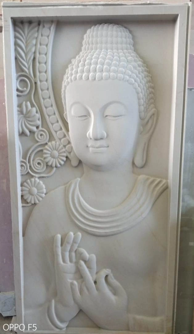 Buddha Blessing with Floral Scroll Stone Mural — OS-SM-043 Carved Murals