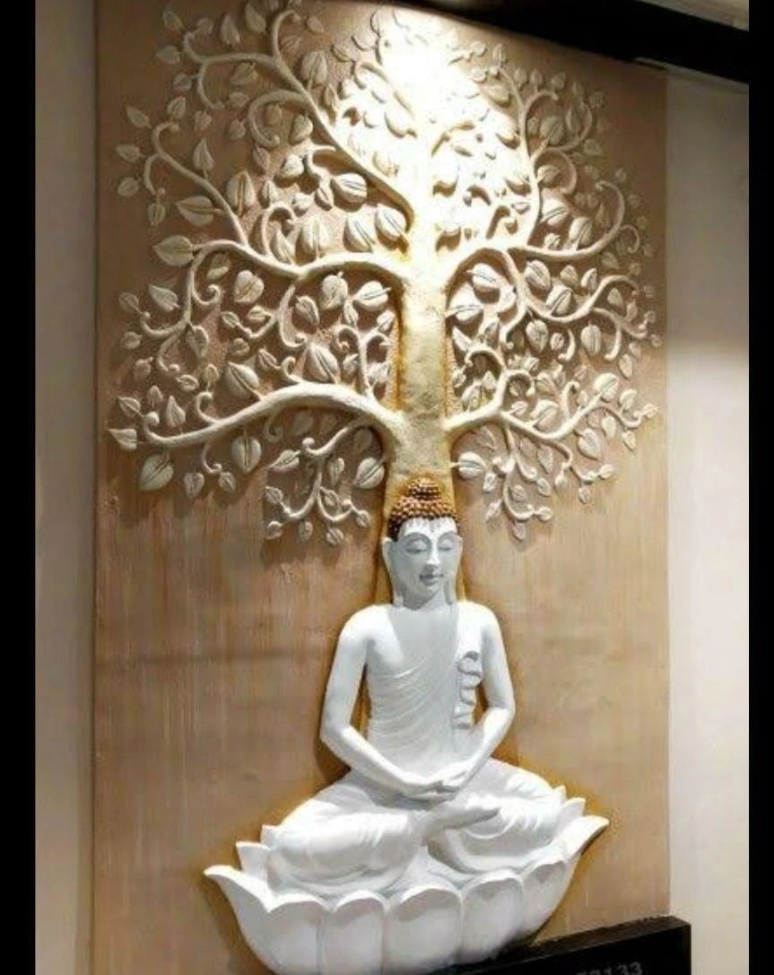 Buddha Statue and Ornamental Tree Wall Composition — OS-SM-055 Carved Murals