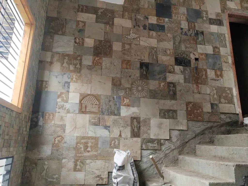 Carved Patchwork Stone Staircase Wall — OS-SM-159, view 2