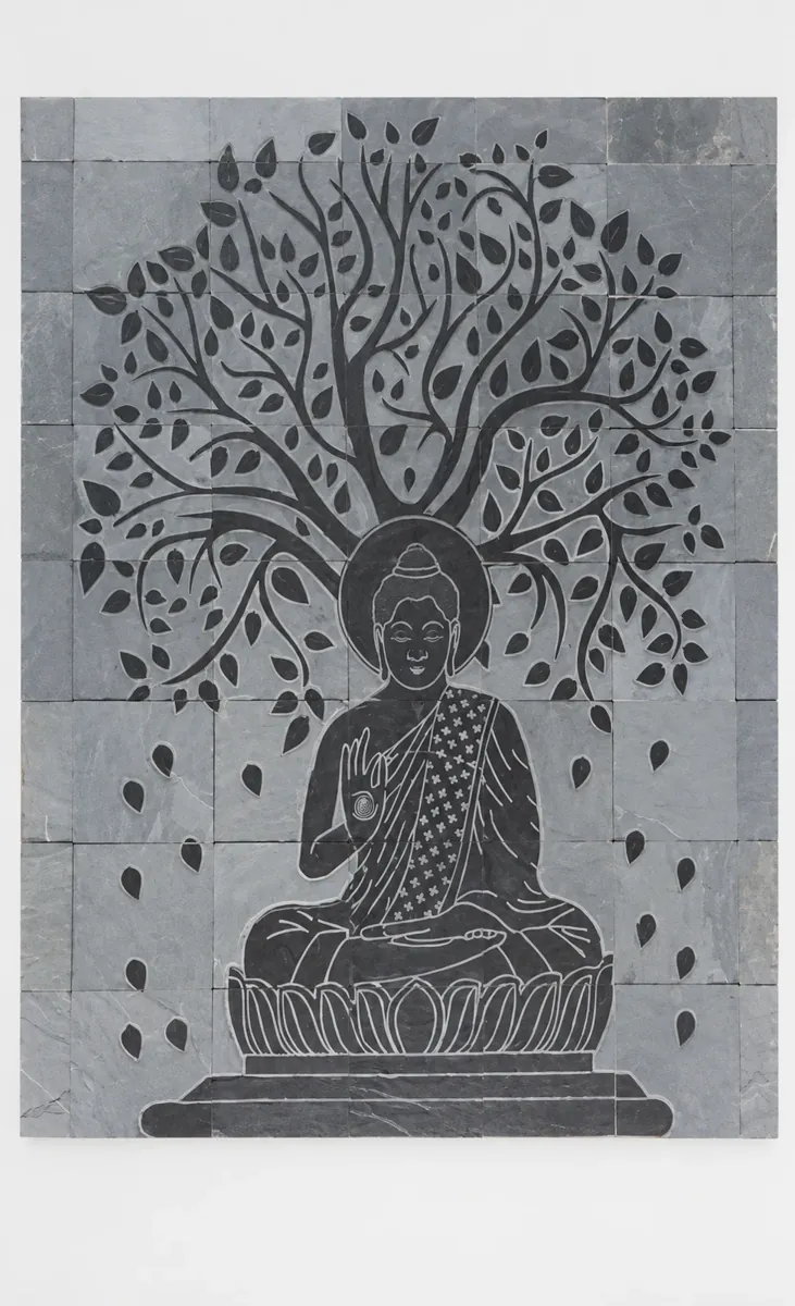 Dark Buddha and Tree on Pale Stone Panel — OS-SM-182 Carved Murals
