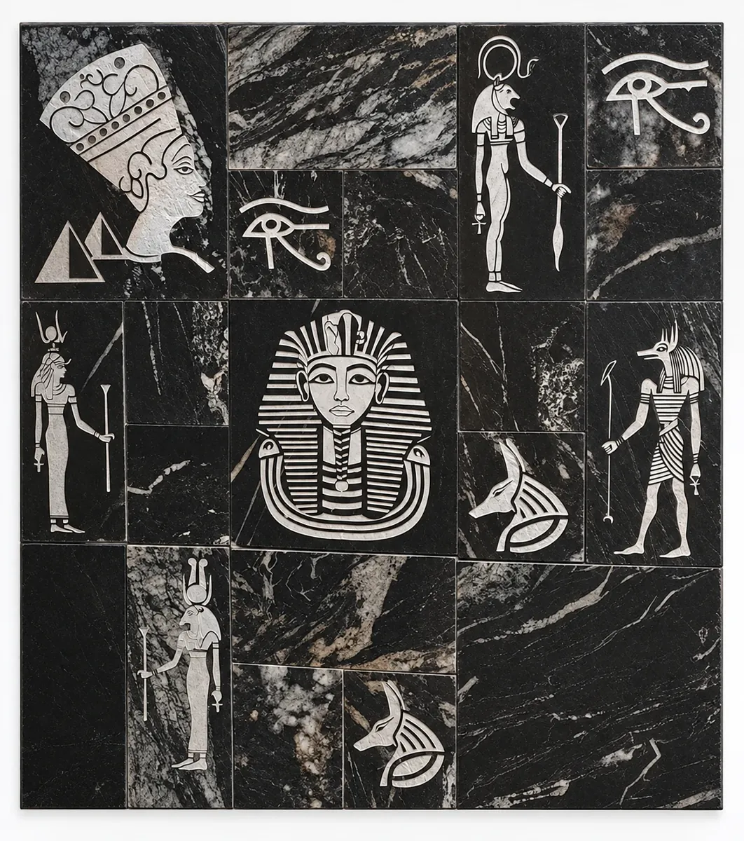 Egyptian Symbols on Dark Stone Panel — OS-SM-172 Carved Murals