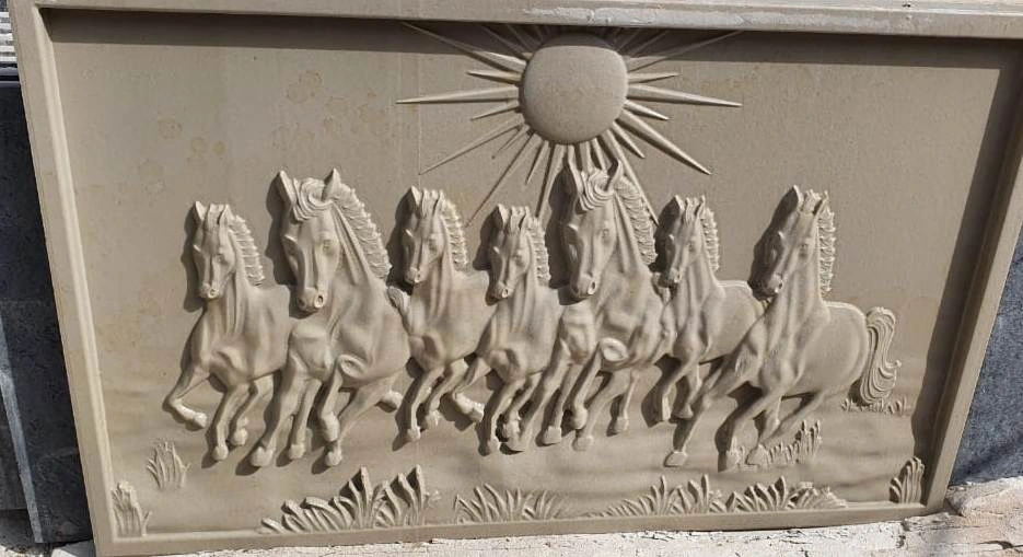 Galloping Horses with Rising Sun Stone Mural — OS-SM-079 Carved Murals
