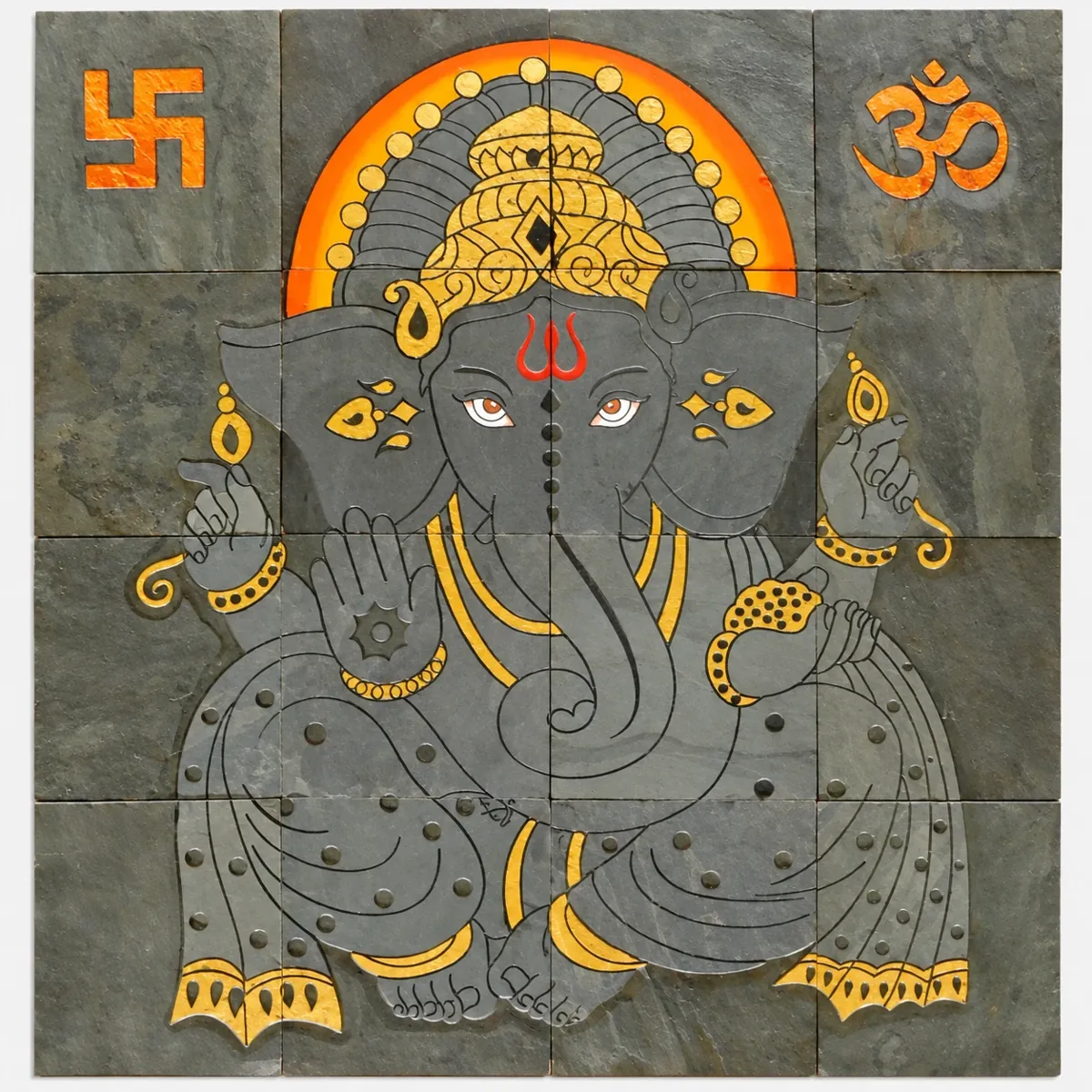Ganesha with Golden Halo Stone Mural — OS-SM-131 Carved Murals