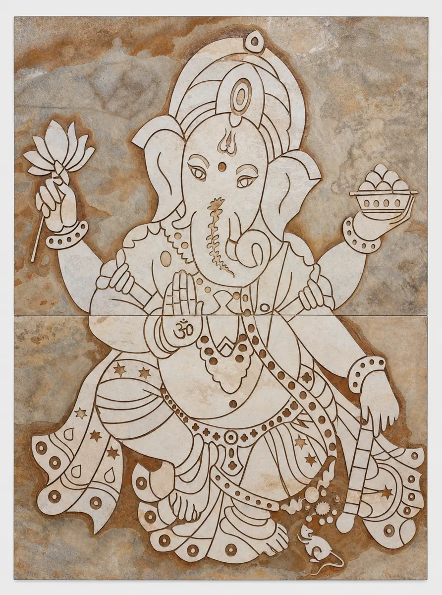 Ganesha with Lotus and Offering Stone Mural — OS-SM-135 Carved Murals