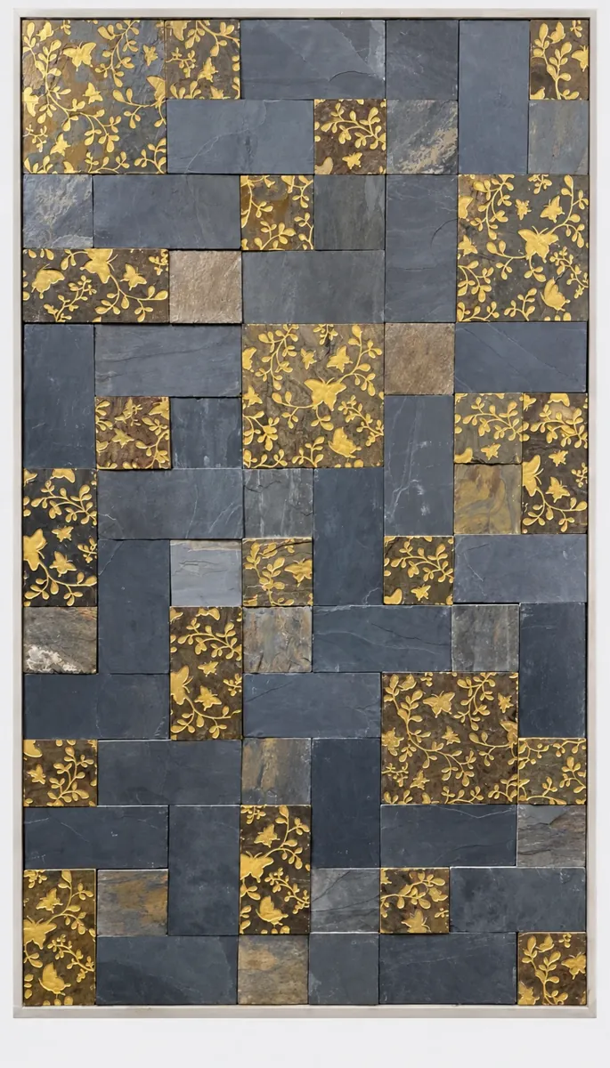 Gold Leaf on Charcoal Patchwork Stone Panel — OS-SM-162 Relief Panels