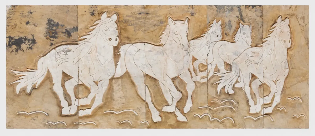 Ivory Running Horses Landscape Stone Panel — OS-SM-152 Carved Murals