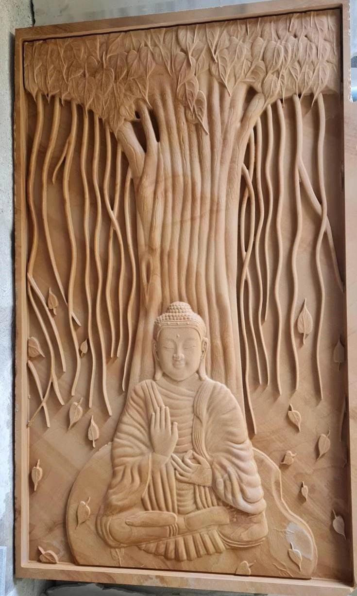 Meditating Buddha Beneath Hanging Roots Mural — OS-SM-025 Carved Murals