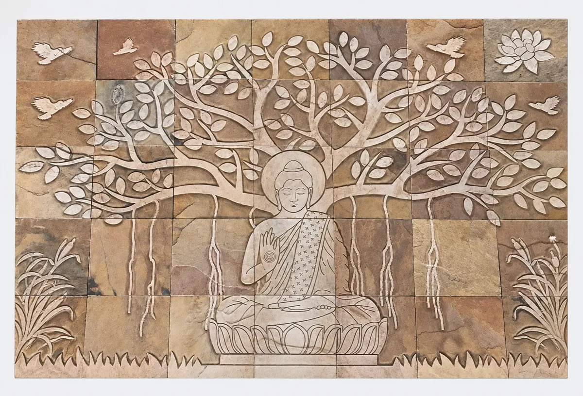 Meditating Buddha beneath Hanging Tree Roots — OS-SM-137 Carved Murals