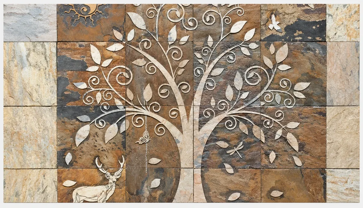 Ornamental Tree and Deer Patchwork Mural — OS-SM-145 Relief Panels