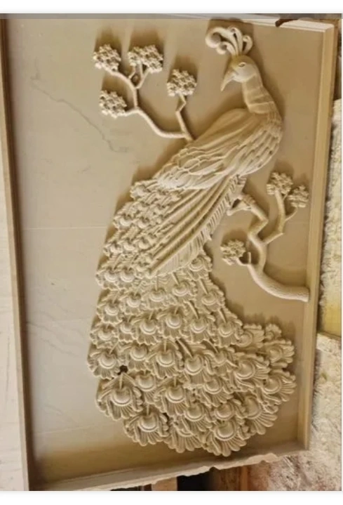 Peacock on Flowering Branch Stone Relief — OS-SM-121 Carved Murals