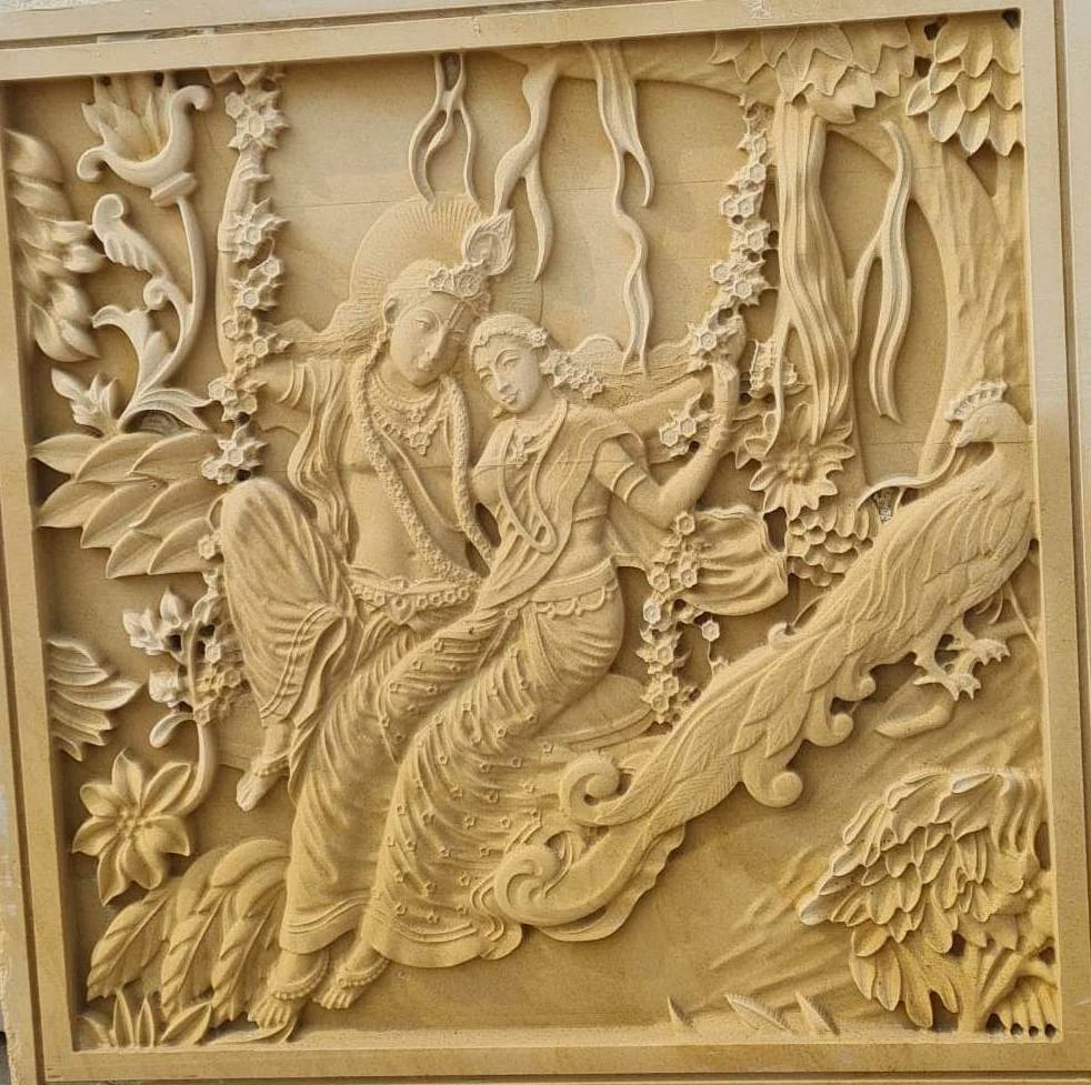 Radha Krishna Peacock Garden Relief — OS-SM-015 Carved Murals