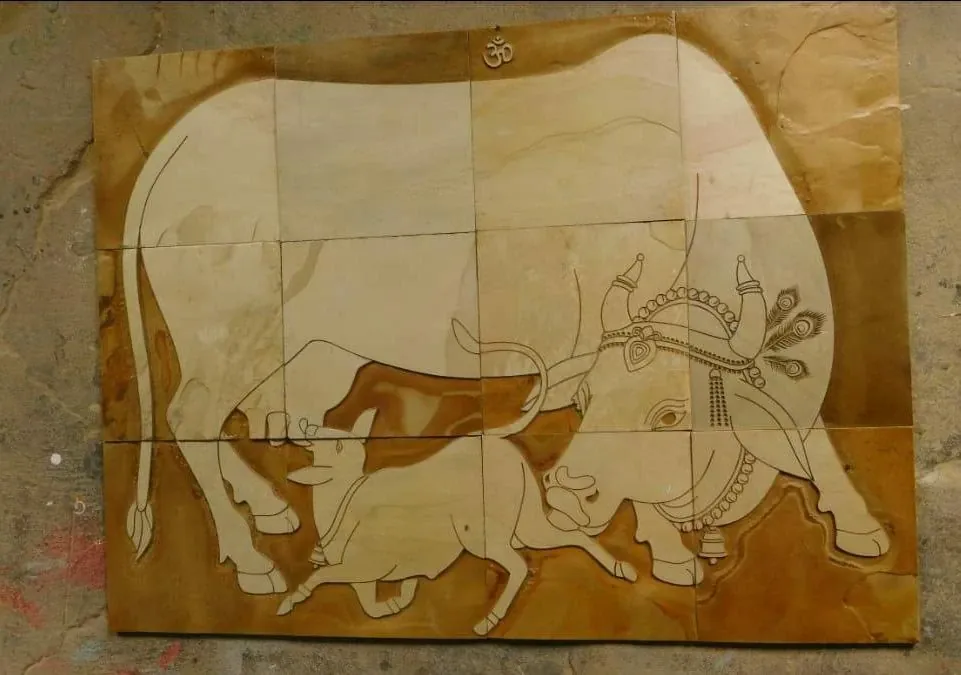 Sacred Cow and Calf Stone Mural — OS-SM-186, view 2