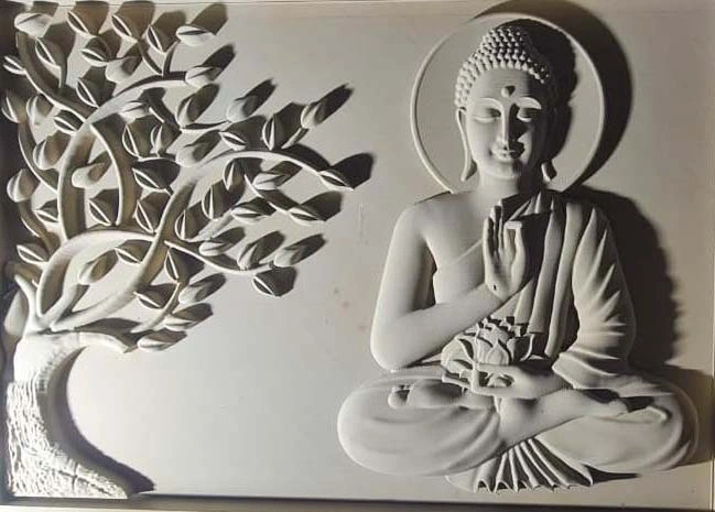 Seated Buddha Beside Curving Tree Mural — OS-SM-075 Carved Murals