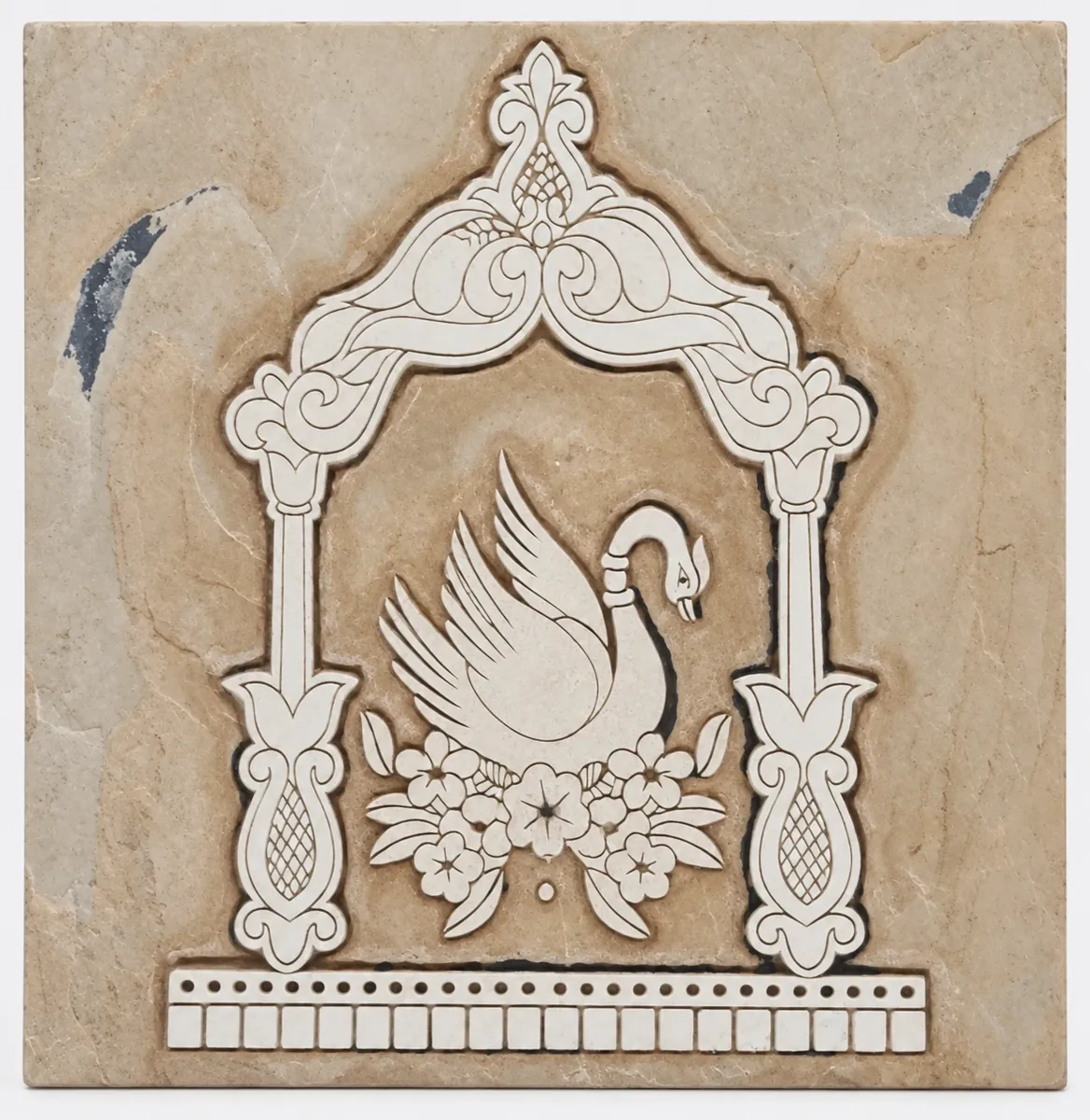 Swan within Ornamental Arch Stone Mural — OS-SM-183 Carved Murals