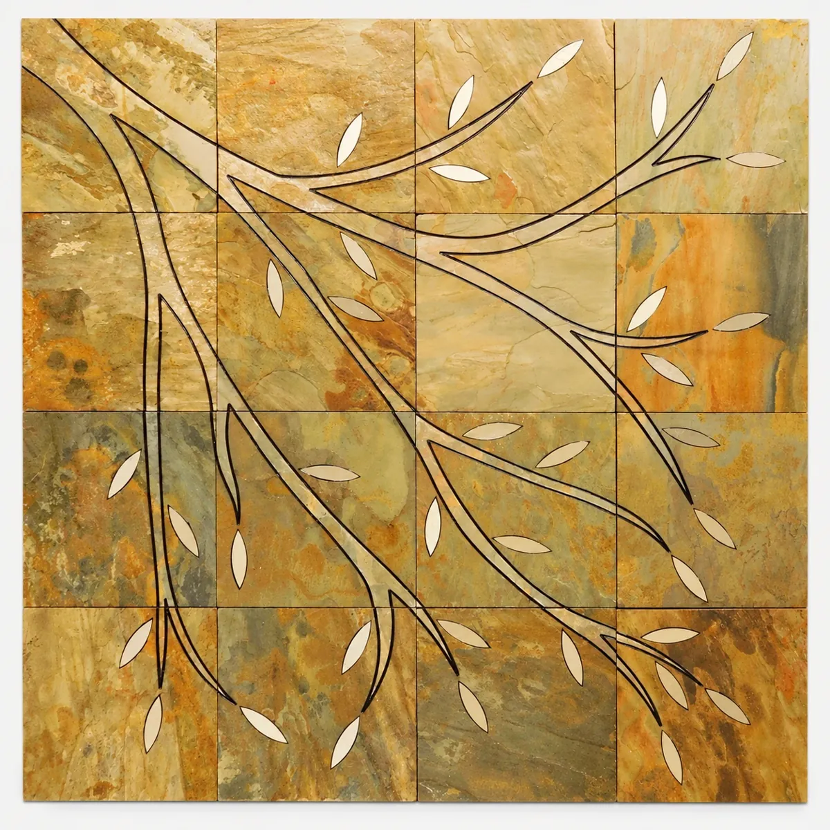 Sweeping Branch and Ivory Leaf Stone Panel — OS-SM-133 Carved Murals