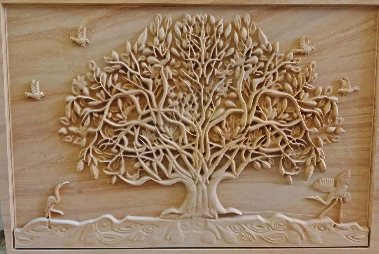 Tree of Life with Birds Stone Relief — OS-SM-047 Carved Murals