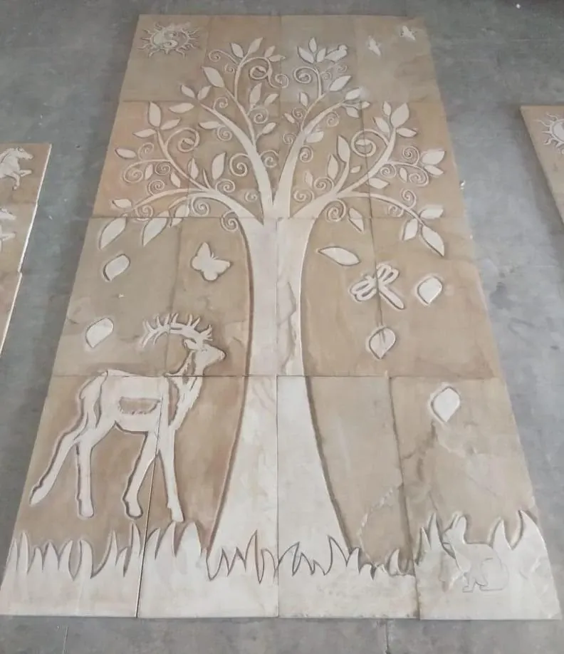 Tree with Deer and Giraffe Stone Mural — OS-SM-144, view 2