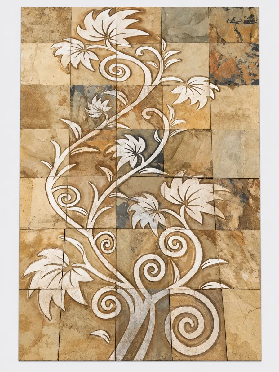 White Floral Scroll on Warm Stone Panel — OS-SM-141, view 2