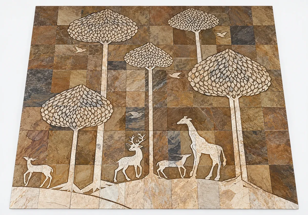 Woodland Trees with Deer and Giraffe Stone Mural — OS-SM-174 Carved Murals